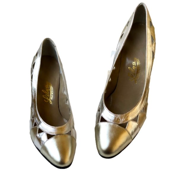 LILY SHOES Vintage 80\'s Silver Leather Pump Hels Fancy Cut-Outs